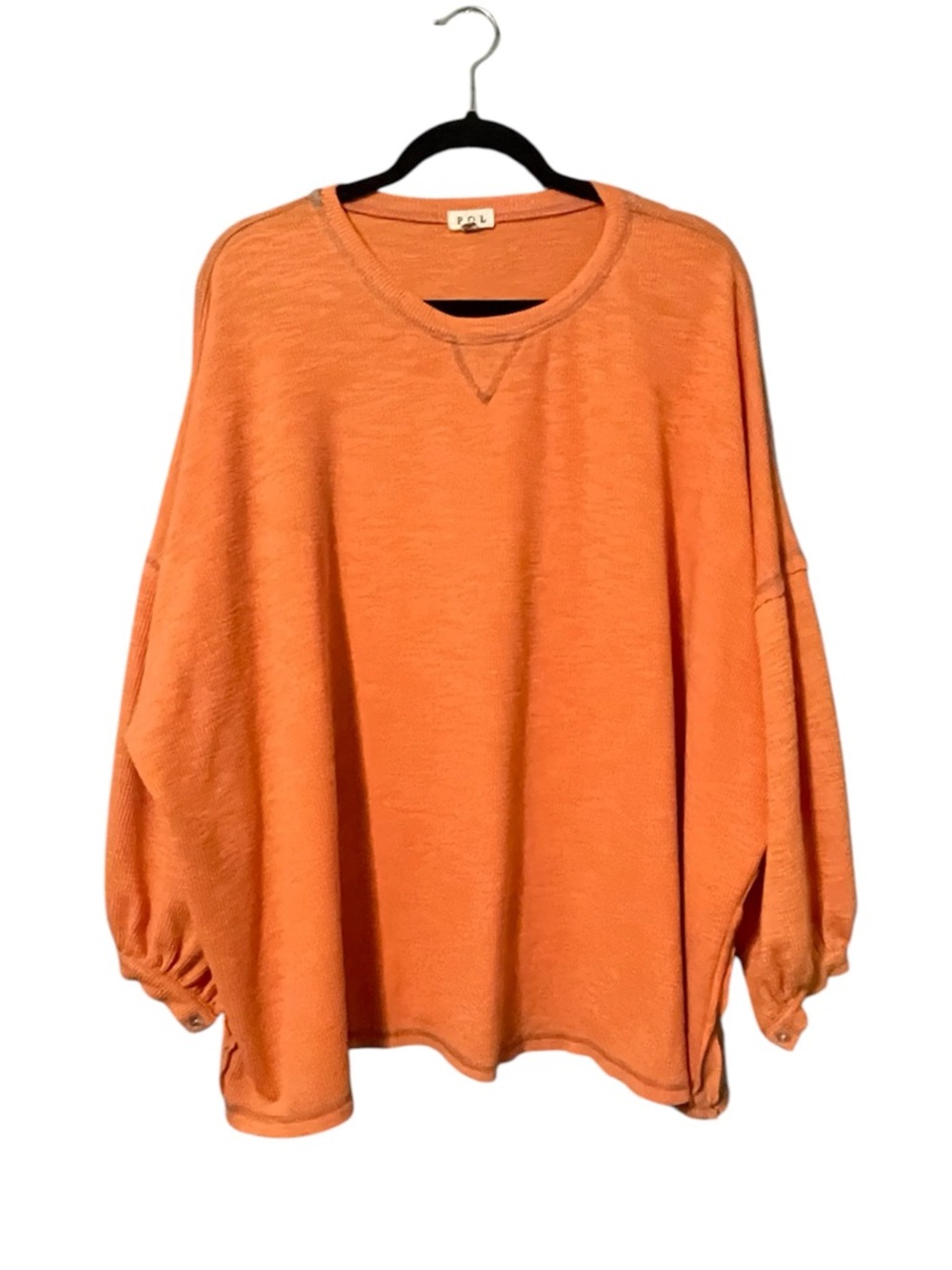 POL Thermal Waffle Knit Thermal Balloon Sleeve Oversized Top Orange Spring Small